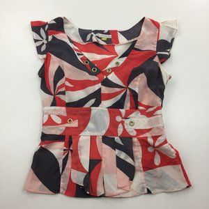 LEIFSDOTTIR Anthropologie Multi Color Print Pleats Grommets Silk Blend Shirt Top